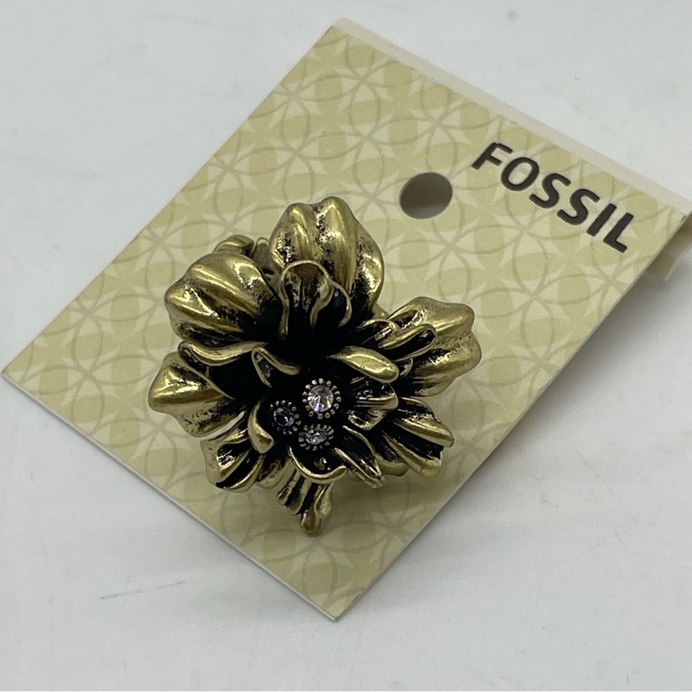 NEW Fossil Ring #1 Stretch Brass Flower Crystal NWT